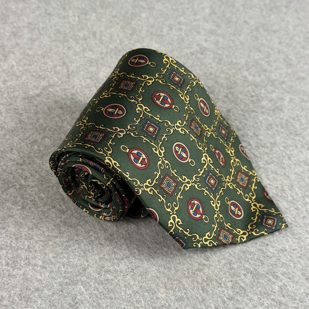 Vintage Trussardi Action Silk Tie Made Italy Green Gold Geometric Mens 58x4"
